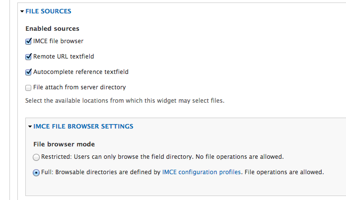 filefield sources IMCE options